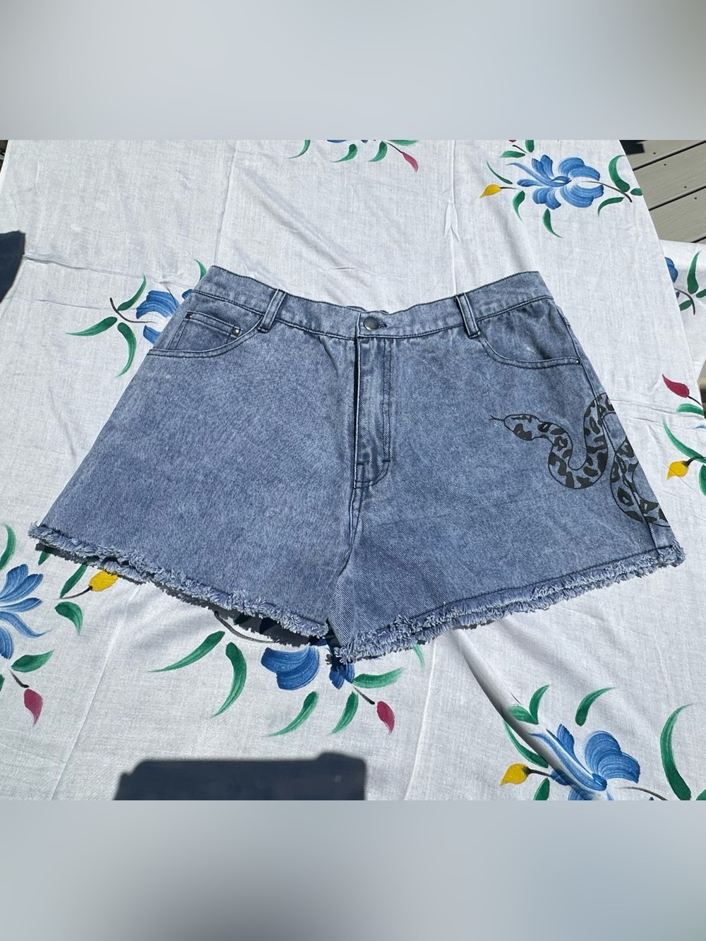 Dolls Kill Washed Blue Denim Snake-Appliqué Shorts
